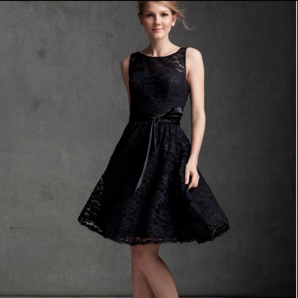 Mori Lee Black Lace A-Line Cocktail Dress with Satin Waist Tie